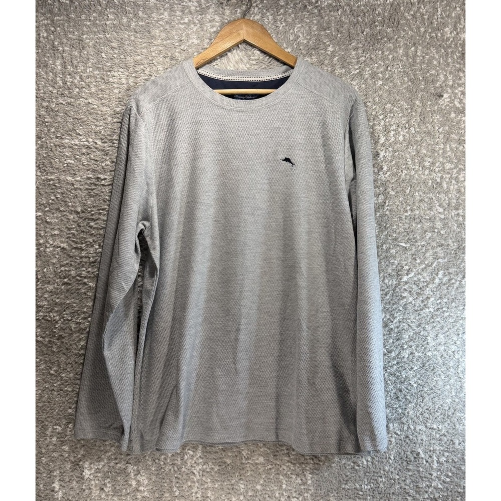 Tommy Bahama Gray Long Sleeve Textured Crewneck Pullover Marlin Logo L Casual